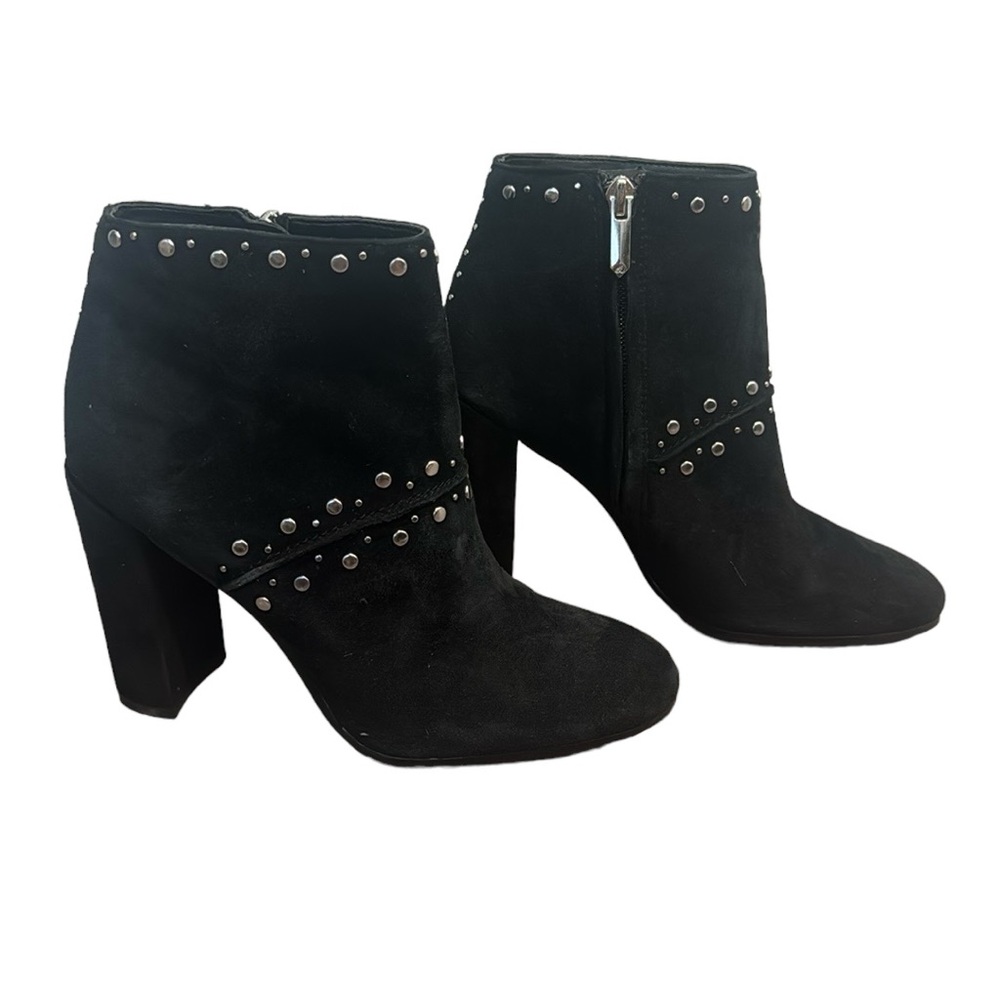 Sam Edelman Chandler black suede studded block rocker 80’s heel booties size 6